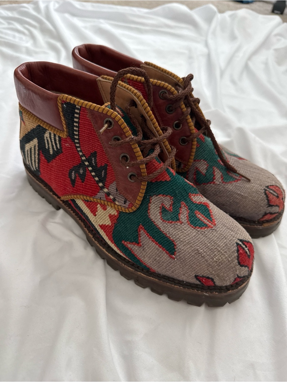 Vintage handmade Irish kiln Women’s Casual Patterned Ankle Boots - Red & Green